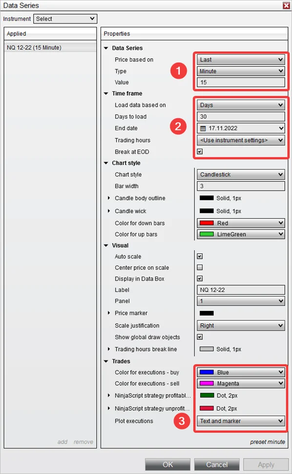 NinjaTrader 8 Data Series settings example for automated strategy