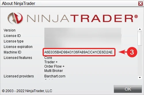 Example of Machine ID / License ID location in NinjaTrader 8