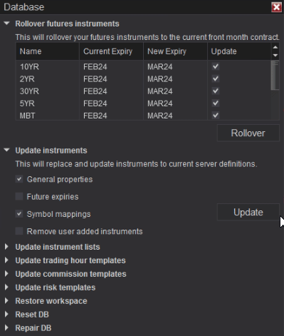 Rolling over futures instruments in NinjaTrader Database Management