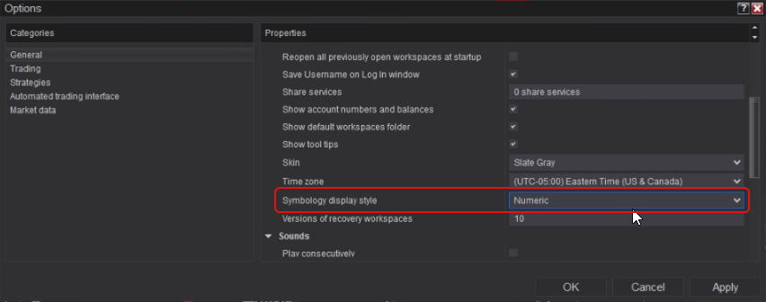 Setting the symbology display style to Numeric in NinjaTrader Options